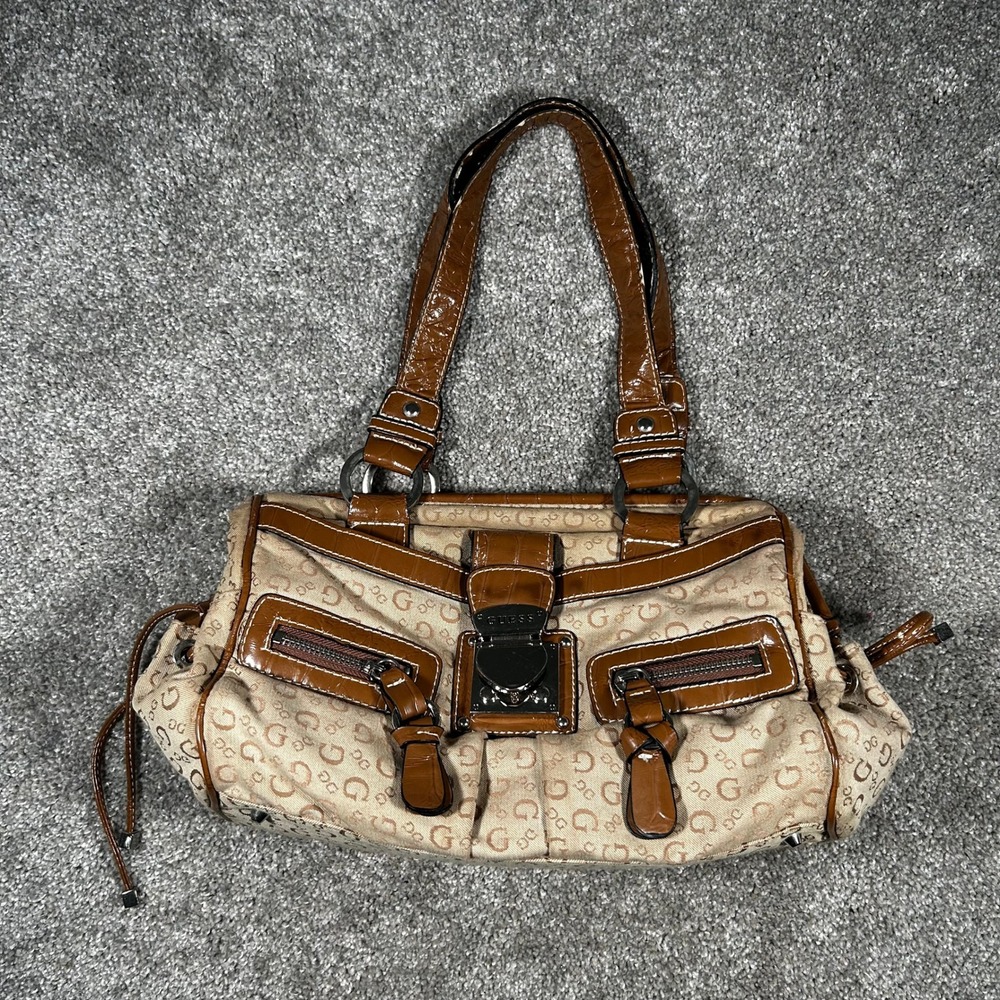 Guess Monogram Canvas Shoulder Bag Brown Faux Croc Trim Y2K Satchel
